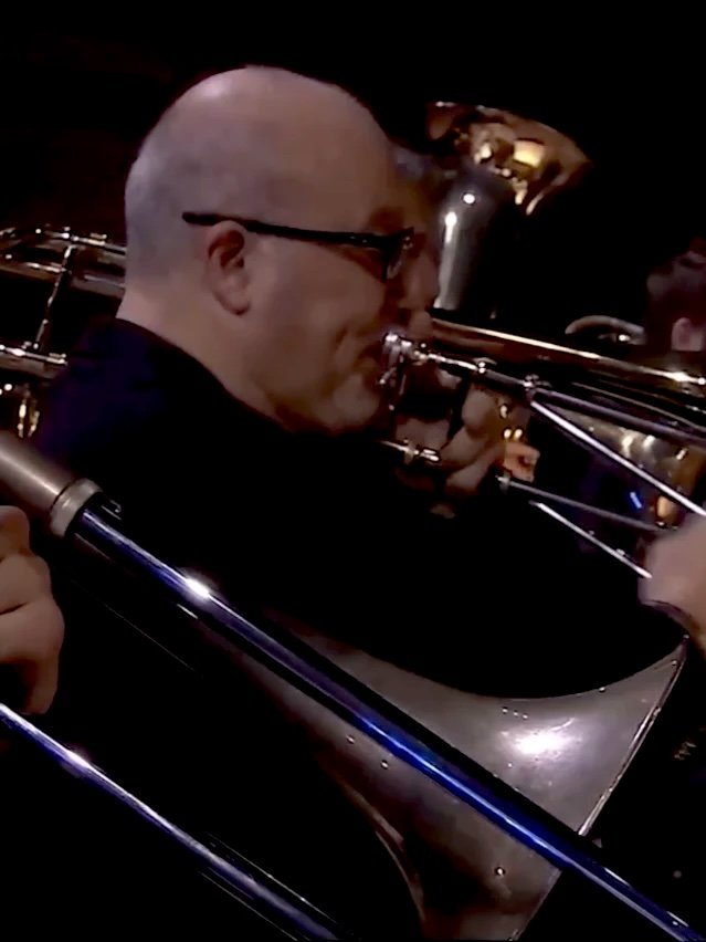 Les trombones de l’Orchestre Philharmonique de Radio France pendant la captation de La Chasse du roi bleu